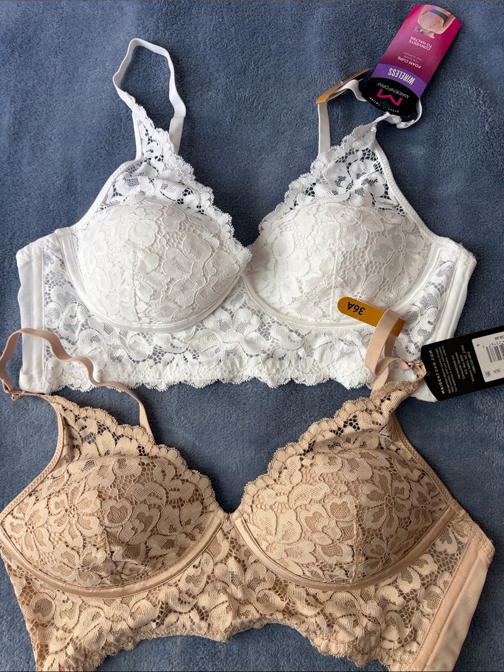 Maidenform - 2 Bralettes, White and Tan. Form Cups, Converts to Halter